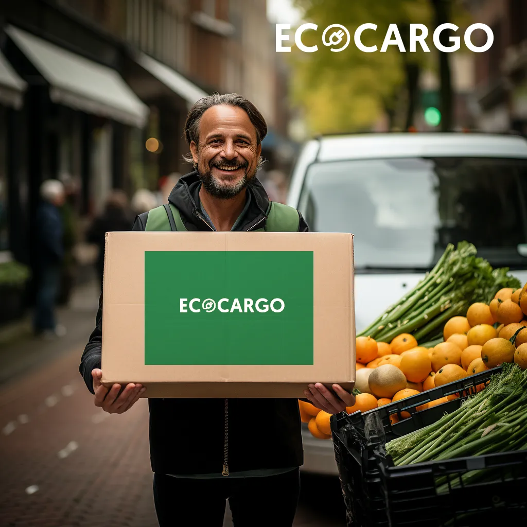 EcoCargo branded guy posing with box